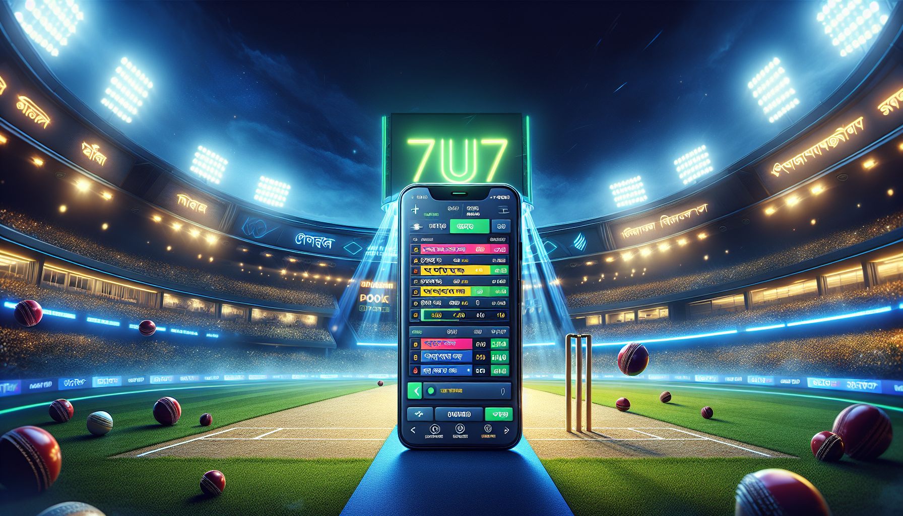 Mobile sports betting screen during a thrilling cricket match with bright stadium lights and fast live odds updates