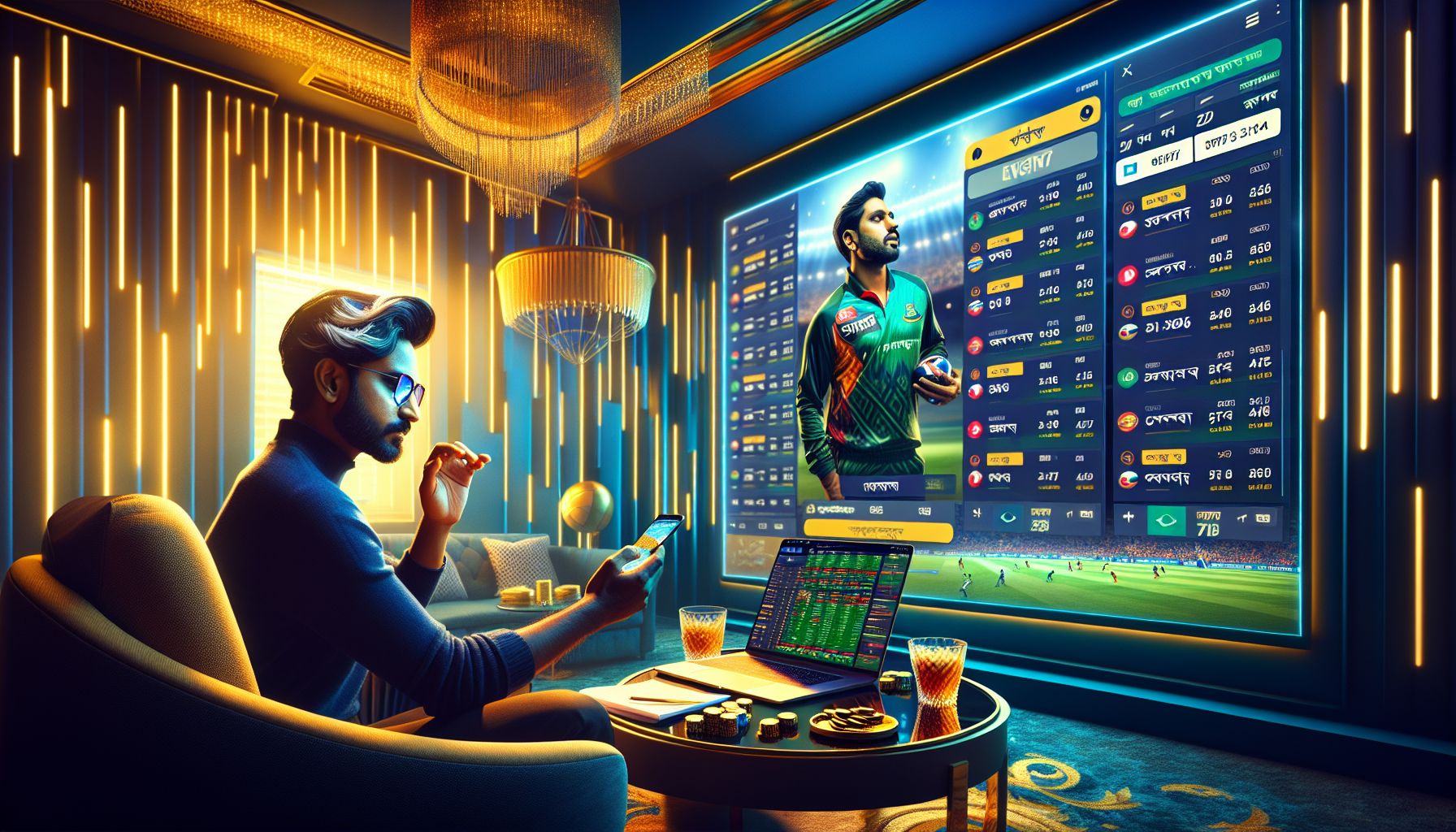 Bangladesh sports fan using phone and laptop to place live bets during a tense evening match
