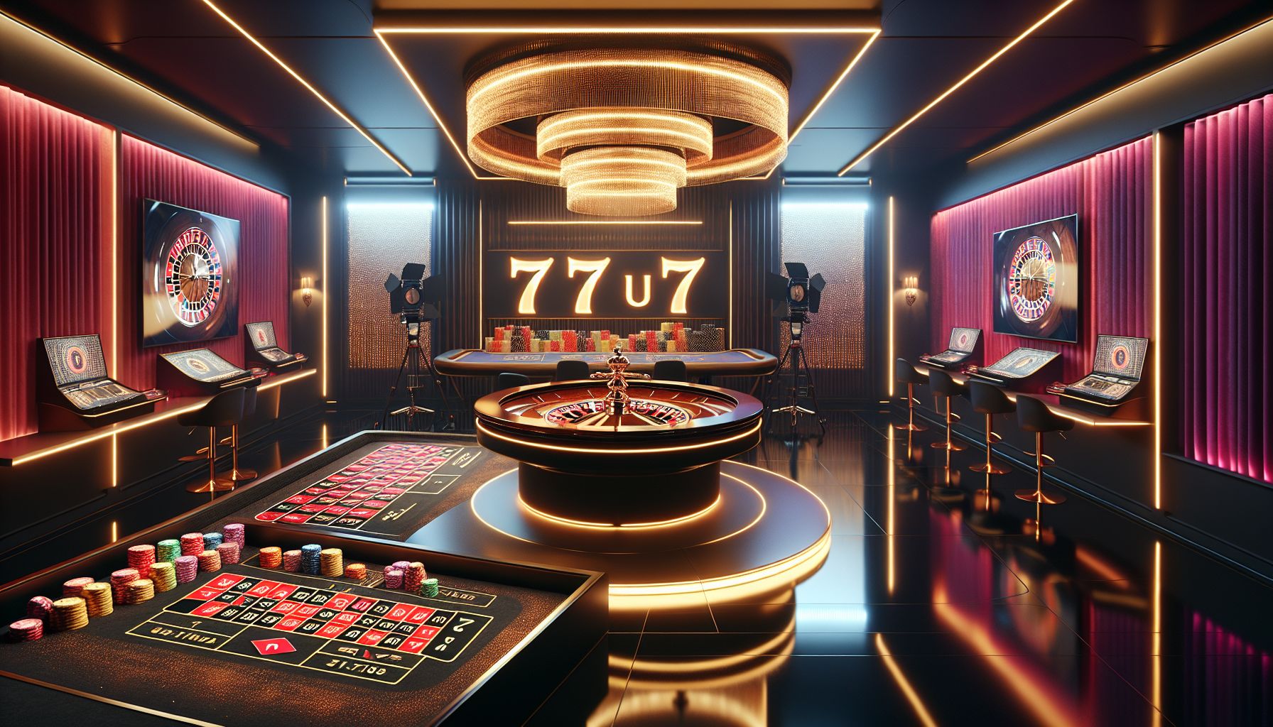 Modern live casino room with roulette wheel, cards, and premium digital displays