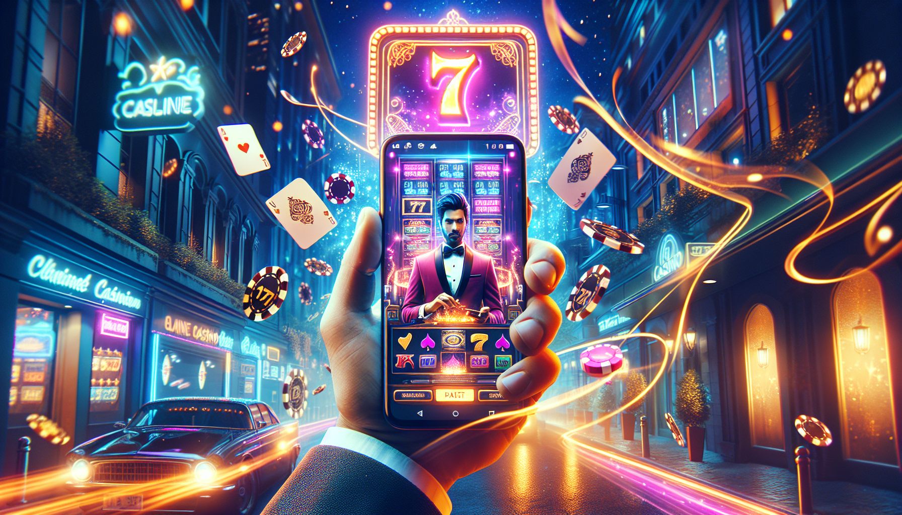Bangladesh player using a mobile device with bright casino visuals and glowing 7U7 themed game icons in a modern evening setting