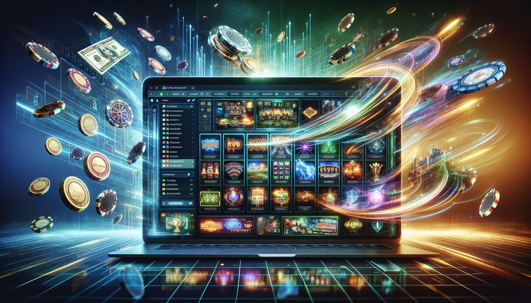 Laptop displaying vivid casino game tiles with energetic lighting and a sleek 7U7 atmosphere tailored for Bangladesh users