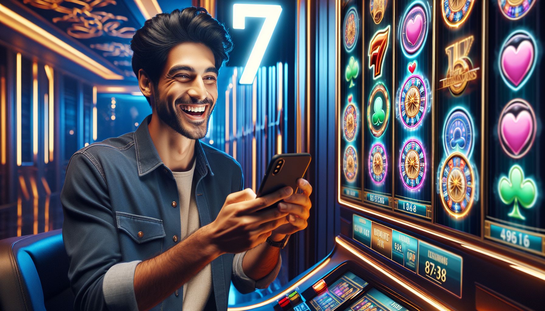 Bangladeshi player enjoying colorful slot reels on a smartphone in a modern gaming setting with 7U7 branding