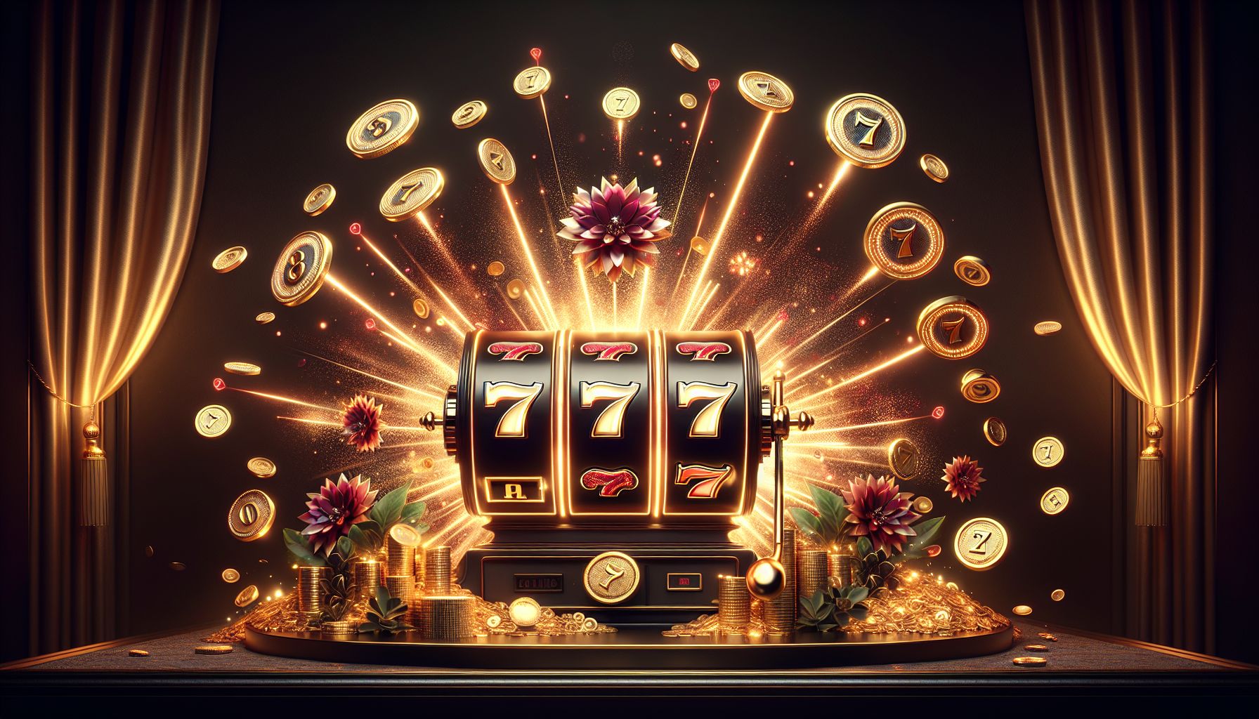Luxury slot reels with glowing sevens, gold accents, and dynamic win effects in a premium gaming scene